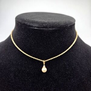 Vintage 1928 Single Pearl Drop Necklace 18 Inches Gold Tone Cubic Zirconia NEW